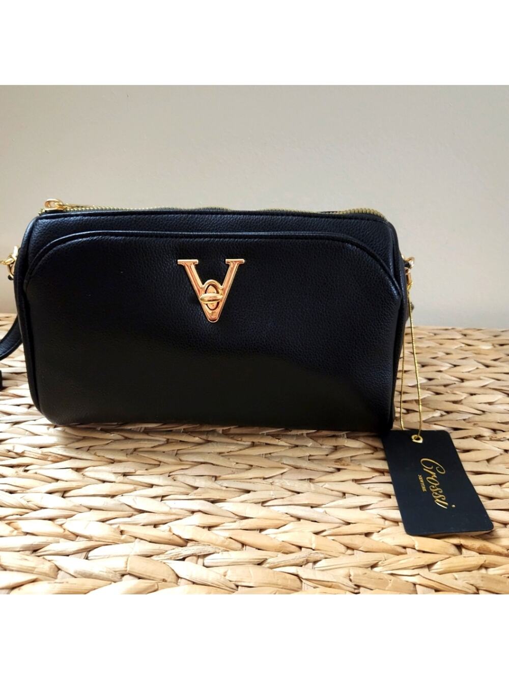 New Crossi New York Shoulder Crossbody Evening Bag Purse Black Gold NWT